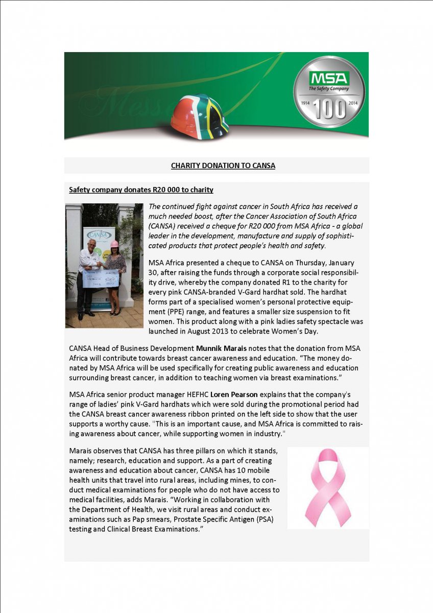Page 10: Charity donation to CANSA