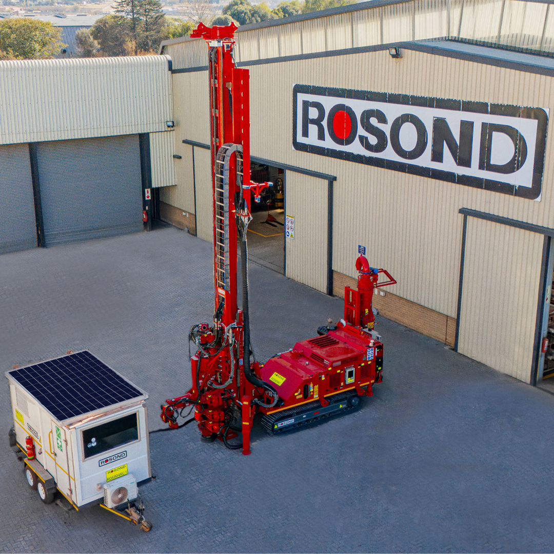 Reverse circulation drill rig with solar powered command trailer at the Rosond head office in Midrand