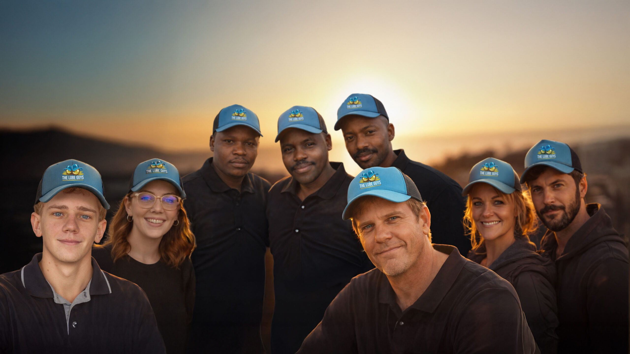 (Front row, L to R) Dylan Bezuidenhout, Kim Roos, Nico Bezuidenhout, Diane Busch, and Wesley Duffy